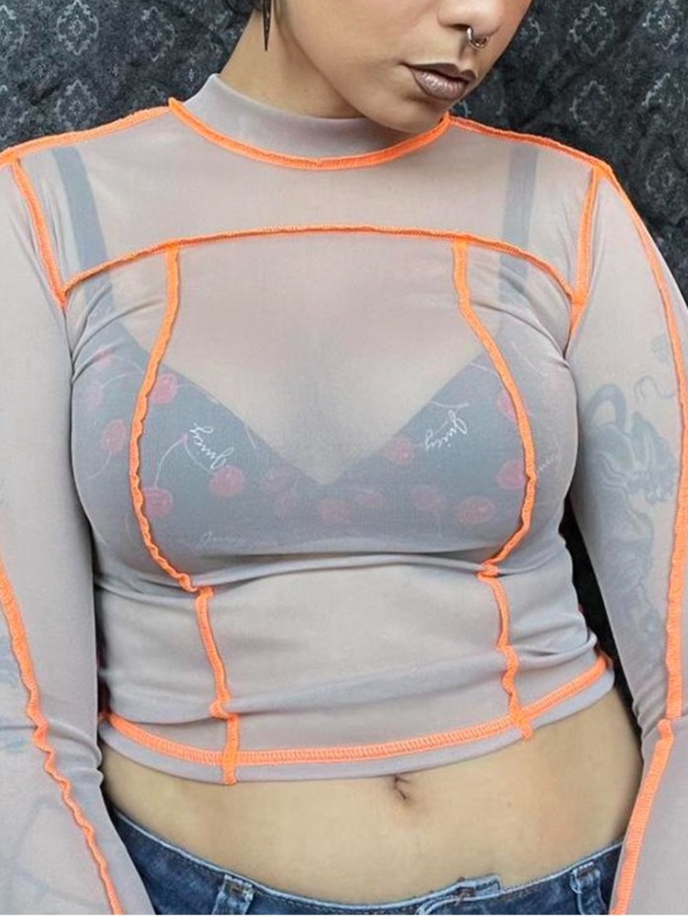 Sheer Light Gray Long-Sleeve Crop Top with Neon Orange Contrast - Women